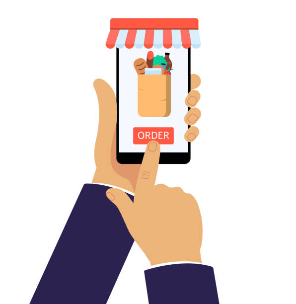 aplikacja sklep spożywczy online na telefon komórkowy. zakup żywności przez internet w papierowej torbie - buy push button interface icons computer mouse stock illustrations