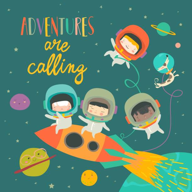 dziewczyny ans chłopcy astronauci jazda rakietą - heat beautiful joy happiness stock illustrations