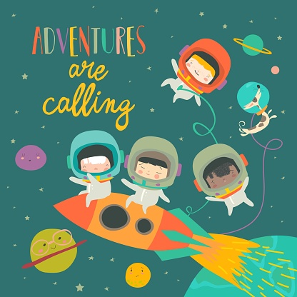 Girls ans boys astronauts riding a rocket. Vector illustration