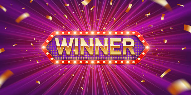 Winner Retro Banner Winner. Retro winner congratulation banner with glowing light bulbs and golden confetti on a burst purple background. Winners of poker, jackpot, roulette, cards or lottery. jackpot stock illustrations