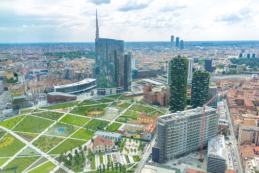 Milan aerial view with Unicredit tower, Bosco Verticale skyscraper and the Garibaldi railway station in the business district