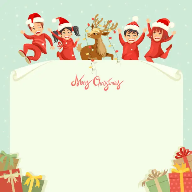 Vector illustration of Kids and reindeer on letter for Santa Claus