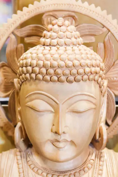 Photo of Lord God Buddha Face Wooden Handicraft Sculpture Close Up