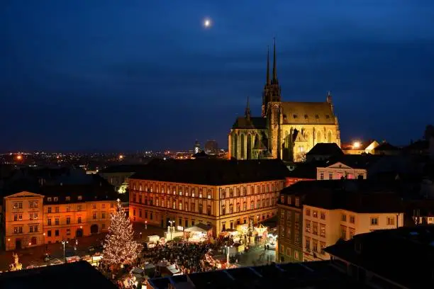 Christmas holidays in the center of Brno.Christmas markets at the green market and beautiful old Petrov Cathedral.