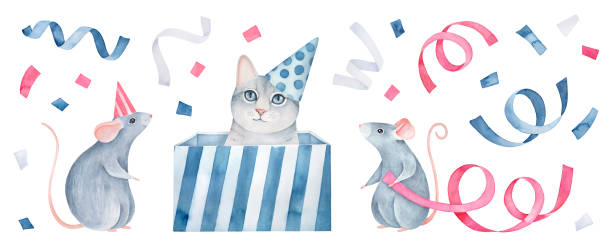 ilustrações de stock, clip art, desenhos animados e ícones de cute little kitten and fancy mice wearing party cone hats. hand drawn watercolour graphic painting on white, isolated clip art for design, print, poster, card, template. pink, blue, white, gray color. - party hat birthday confetti streamer