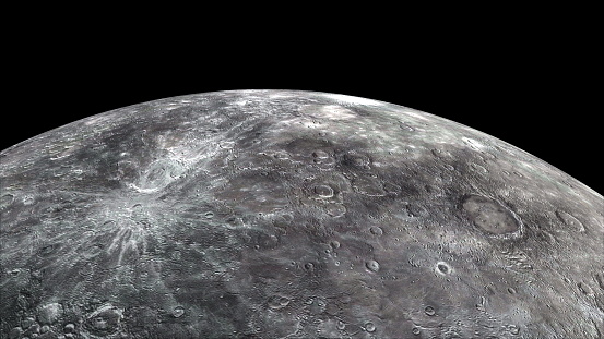 Flying over the surface of the planet Mercury, computer generated. 3d rendering of realistic cosmic background. Elements of this image are presented by NASA