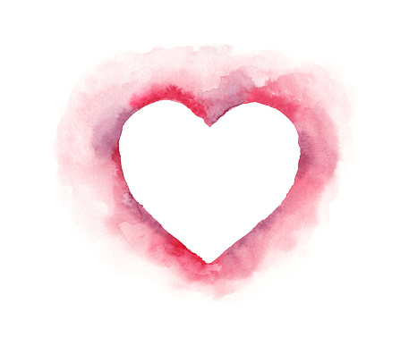 Original watercolor painting. White Valentine's Day heart with red and purple watercolor behind it.