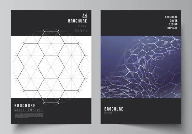 Vector illustration of Vector layout of A4 format cover mockups design templates for brochure, flyer. Digital technology and big data concept with hexagons, connecting dots and lines, polygonal science medical background.
