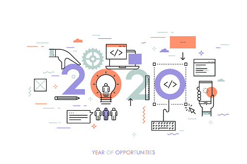 Infographic concept, 2020 - year of opportunities. Trends and prospects in web and mobile applications, software development, program coding, programmer tools. Vector illustration in thin line style.