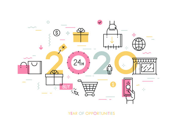 2020 Year of Opportunities Concept Infographic concept, 2020 - year of opportunities. Trends and prospects in online and offline shopping, electronic retailers, internet shops and discounts. Vector illustration in thin line style. electronic discovery stock illustrations