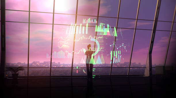 istock Business woman surrounded by multi-colored virtual infographic. 1192969420