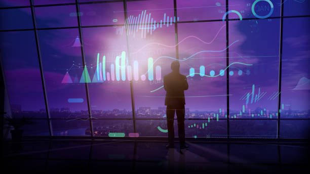 istock Businessman surrounded by virtual infographic in front of a large window. 1192970150