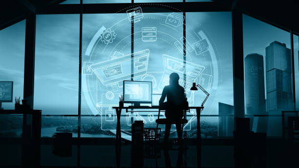 istock Silhouette of a female programmer in office on infographic background. 1192970490