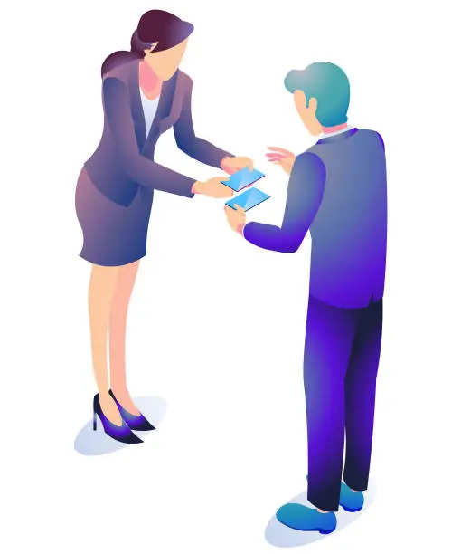 Vector illustration of Business scene of men and women exchanging business cards.