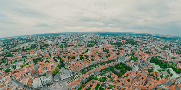 360 VR Sphere, Panorama. Vilnius city down town, fortress church, towers. Drone shot from above. Red tiles of old town houses.