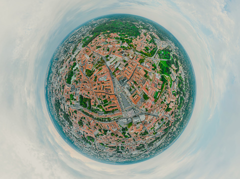 360 VR Sphere, Panorama. Vilnius city down town, fortress church, towers. Drone shot from above. Red tiles of old town houses.