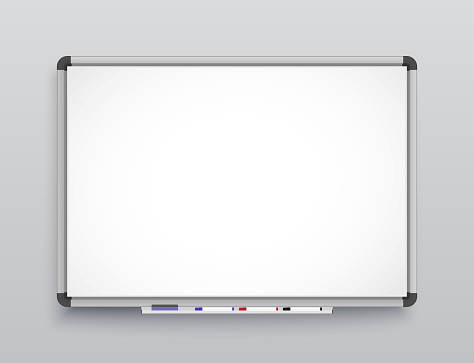 Whiteboard for markers. Empty Projection screen, Presentation board, blank white board for conference. Office board background frame. Vector