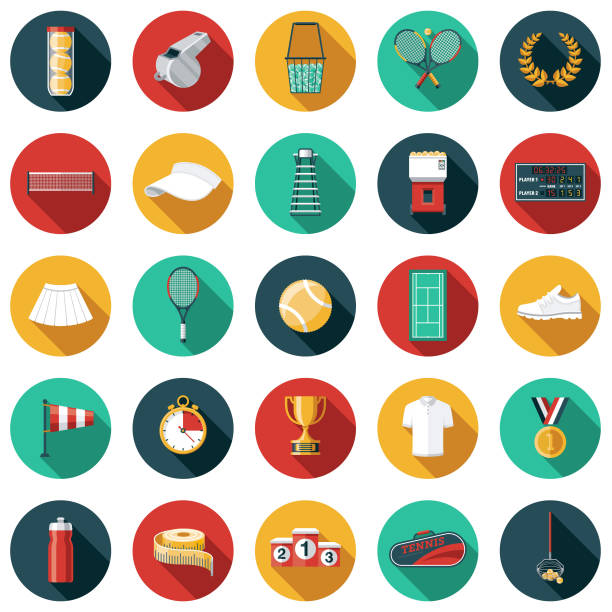 Tennis Icon Set A set of tennis icons. File is built in the CMYK color space for optimal printing. Color swatches are global so it’s easy to edit and change the colors. tennis ball container stock illustrations