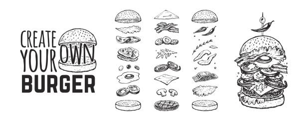 menu burger. szablon vintage z ręcznie rysowanymi szkicami hamburgera i jego składników. grawerowanie ikony stylu - kok, ogórki, jajka, sałatka, pomidory i ser. - bun stock illustrations