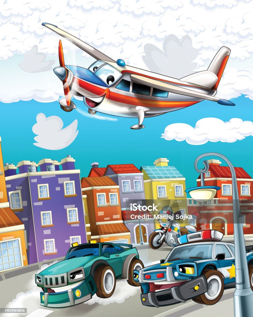 Cartoon Scene With Police Car Driving Through The City And Emergency Plane  Flying Stock Illustration - Download Image Now - iStock