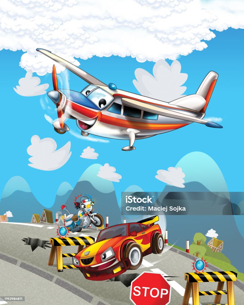 Cartoon Scene With Police Car Driving Through The City And Emergency Plane  Flying Stock Illustration - Download Image Now - iStock