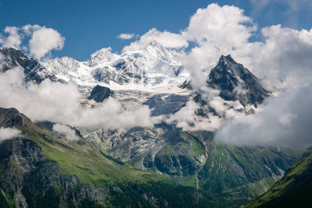 Majestic Weisshorn, seen from Col de Sorebois in Swiss Alps. stock photo
