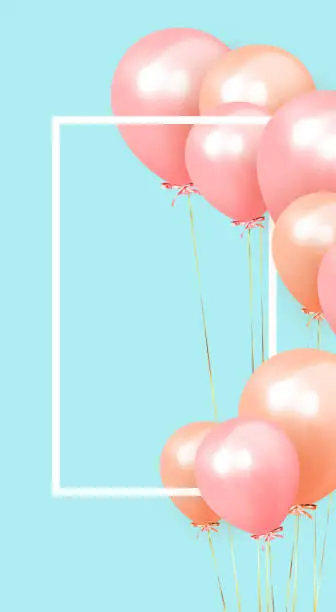 Vector illustration of Festive background with helium balloons, 3d objects. Celebrate a birthday, Poster, banner happy anniversary. copy space for text. Vector ballon, pink and blue color. social media story template