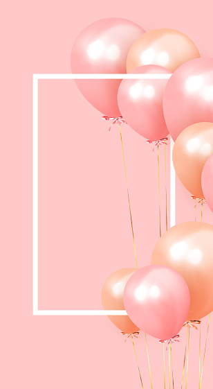 Festive background with helium balloons. Celebrate a birthday, Poster, banner happy anniversary. copy space for text. Vector 3d object ballon with ribbon, pink color.