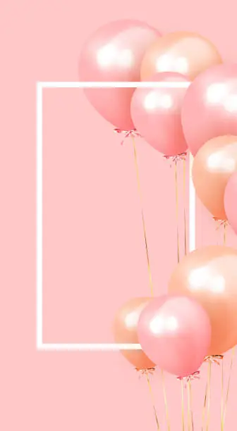 Vector illustration of Festive background with helium balloons. Celebrate a birthday, Poster, banner happy anniversary. copy space for text. Vector 3d object ballon with ribbon, pink color.