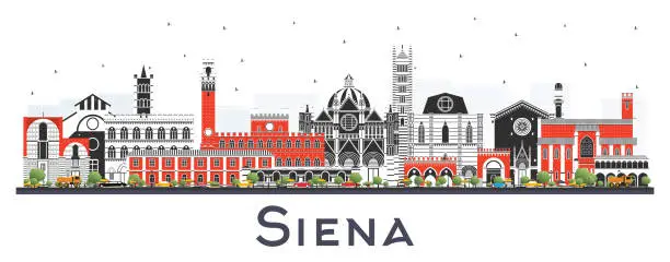 Vector illustration of Siena Tuscany Italy City Skyline with Color Buildings Isolated on White.