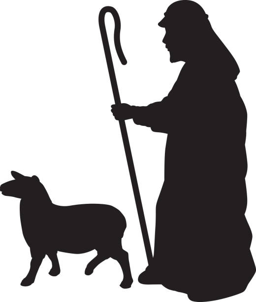 羊のシルエットと羊飼い - shepherds staff点のイラスト素材／クリップアート素材／マンガ素材／アイコン素材