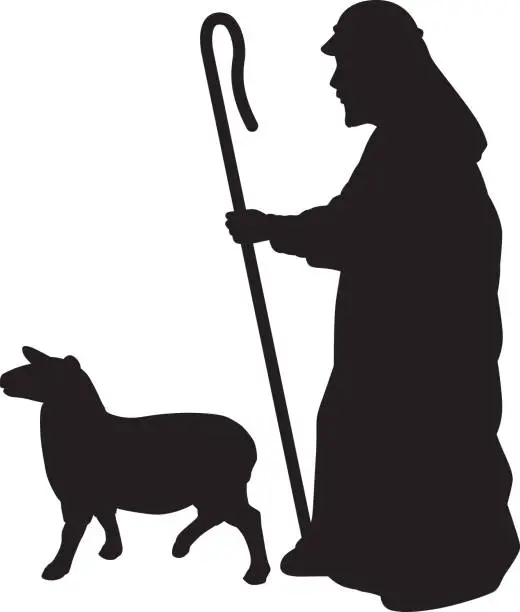 Vector illustration of Shepherd With Sheep Silhouette