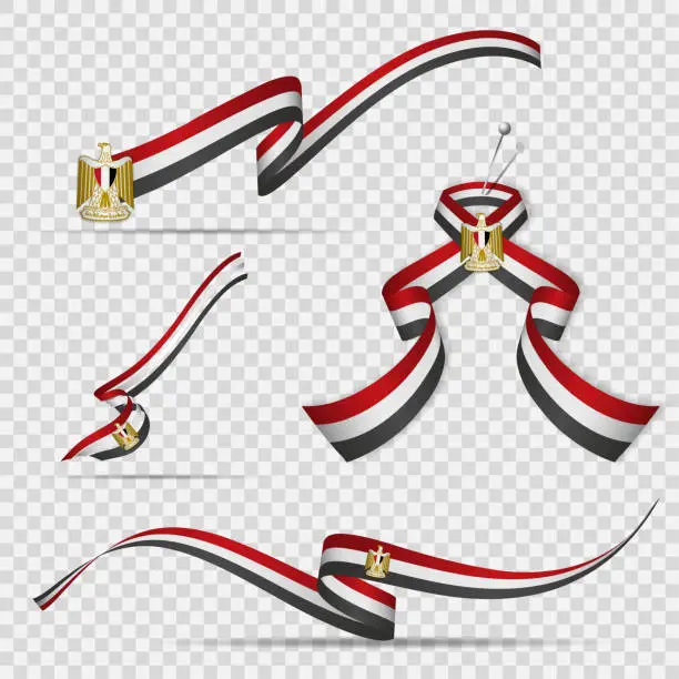 Vector illustration of Flag of Egypt. 23rd of july. Set of realistic wavy ribbons in colors of egyptian flag on transparent background. Independence day. National symbol. Coat of arms. Eagle of Saladin. Vector illustration.