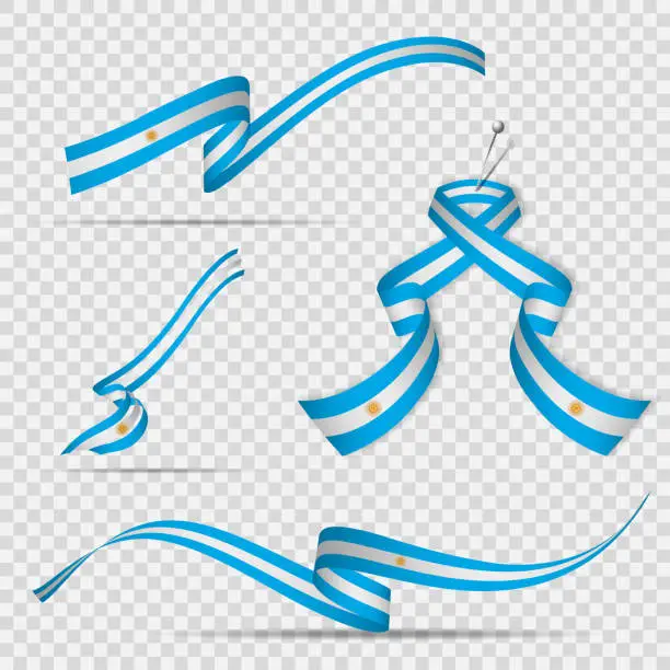 Vector illustration of Flag of Argentina. 9th of July. Sol de Mayo. Set of realistic wavy ribbons in colors of argentinian flag on transparent background. Independence day. National symbol. Vector illustration.