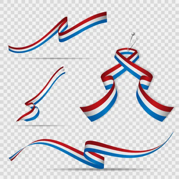 Vector illustration of Flag of Netherlands. 5th of May. Set of realistic wavy ribbons in colors of dutch flag on transparent background. Independence day. National symbol. Graphic design template. Vector illustration.