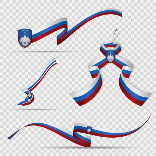 Vector illustration of Flag of Slovenia. 26th of December. Set of realistic wavy ribbons in colors of slovenian flag on transparent background. Independence day. Coat of arms. National symbol. Vector illustration.