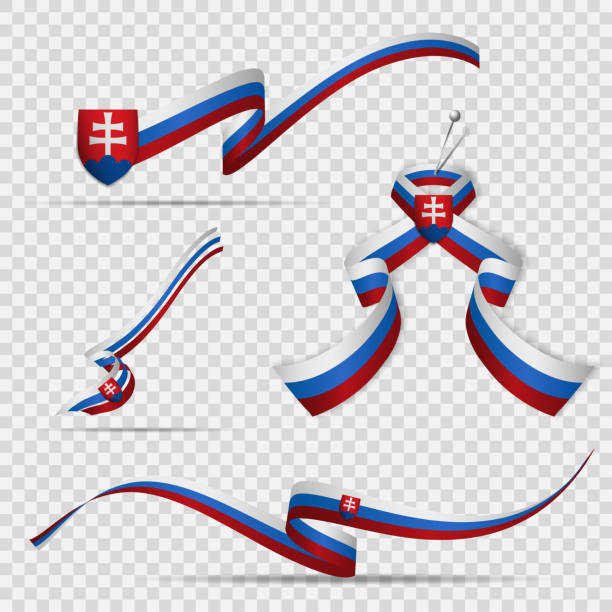 スロバキアの国旗。7月17日透明な背景にスロバキアフラグの色でリアルな波状リボンのセット。紋章。独立記念日。家父長的な十字架。ベクターの図。 - patriarchal cross点のイラスト素材／クリップアート素材／マンガ素材／アイコン素材
