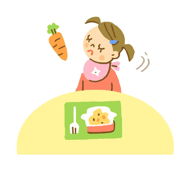illustrazioni stock, clip art, cartoni animati e icone di tendenza di una ragazza che odia un pasto che contiene carote antipatico - baby carrot illustrations