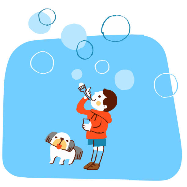 シャボン玉で遊ぶ少年 - bubble wand child blowing asian ethnicity点のイラスト素材／クリップアート素材／マンガ素材／アイコン素材