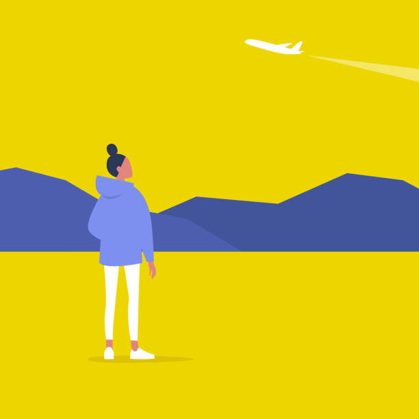 ilustrações de stock, clip art, desenhos animados e ícones de young female character spotting a plane, outdoor leisure, modern lifestyle - footpath field nature contemplation