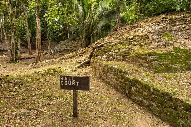 Orange Walk, Belize - November, 16, 2019.  Ball Court at Lamanai Archaeological Reserve where Mayan people played a Maya ball game.