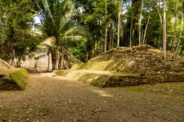 Orange Walk, Belize - November, 16, 2019.  Ball Court at Lamanai Archaeological Reserve where Mayan people played a Maya ball game.