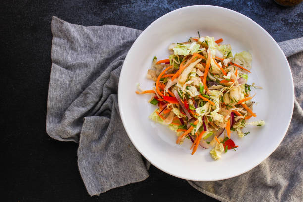 istock vegetable salad (Chinese cabbage, carrot, onion, lettuce, mix salad, pumpkin) menu concept. food background. top view. copy space 1193020544