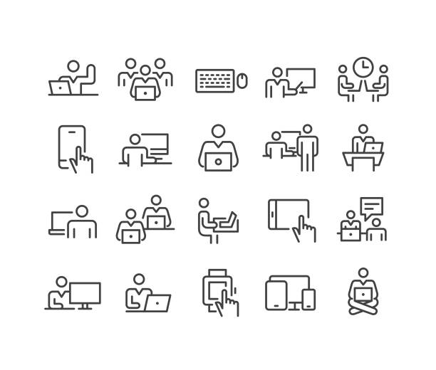 ilustraciones, imágenes clip art, dibujos animados e iconos de stock de uso de iconos de computadoras - classic line series - outline desk computer office