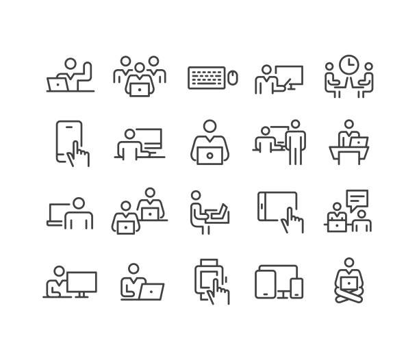 illustrations, cliparts, dessins animés et icônes de utilisation d'icônes d'ordinateurs - série de lignes classiques - bureau