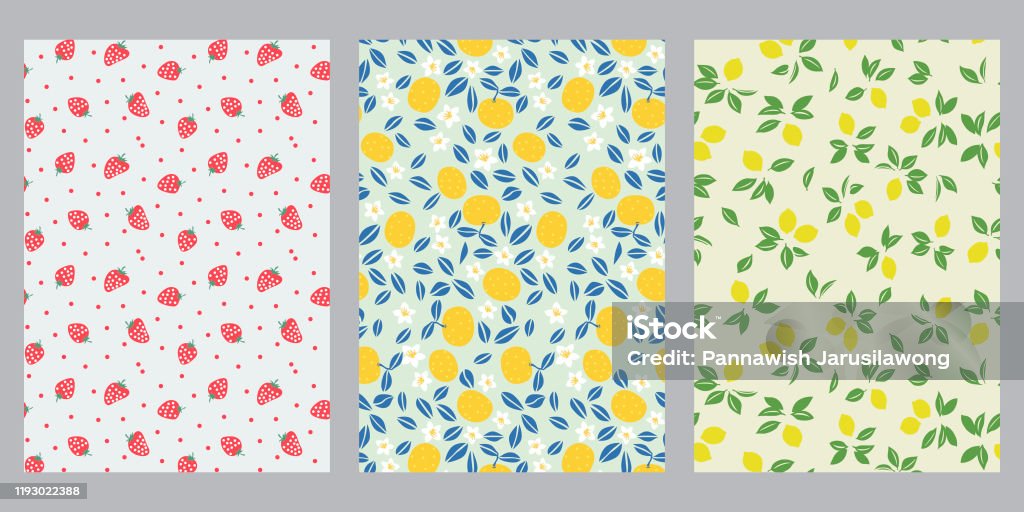 Japanese strawberry, summer orange, spring lemon abstract background Pattern stock vector