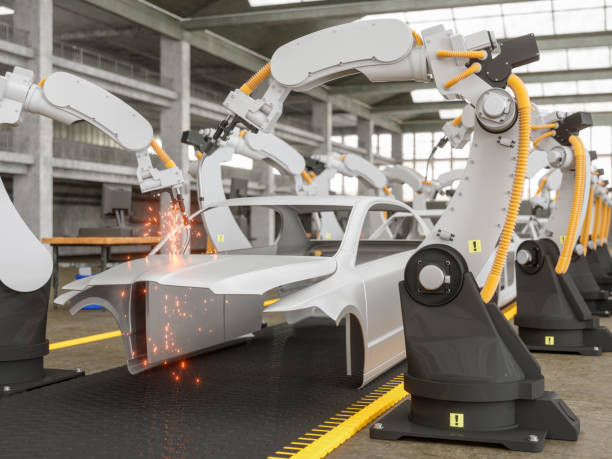 automatic car production line with robotic arm - automobile industry metal industry in a row gear imagens e fotografias de stock