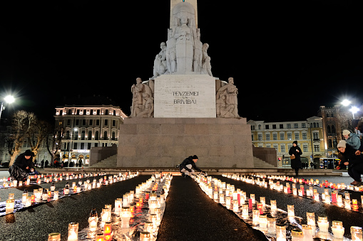 Riga / Latvia - 30 November 2019 :The 78th anniversary of the destruction by German Nazis and Latvian collaborators of the prisoners of the Riga ghetto. Statue of liberty - Milda in Latvia.