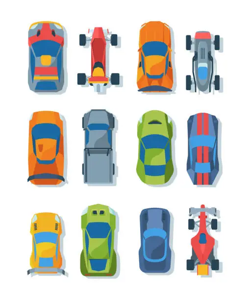 Vector illustration of Race cars top view flat illustrations set