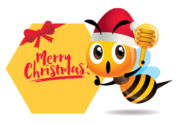 illustrazioni stock, clip art, cartoni animati e icone di tendenza di buon natale. cartone animato simpatico ape una mano che punta al cartello con lettere di buon natale, una mano che tiene in mano un cenato al miele. - carattere vettoriale - honey dipper